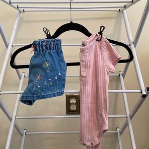 Paper bag denim shorts and ribbed onsie outfit